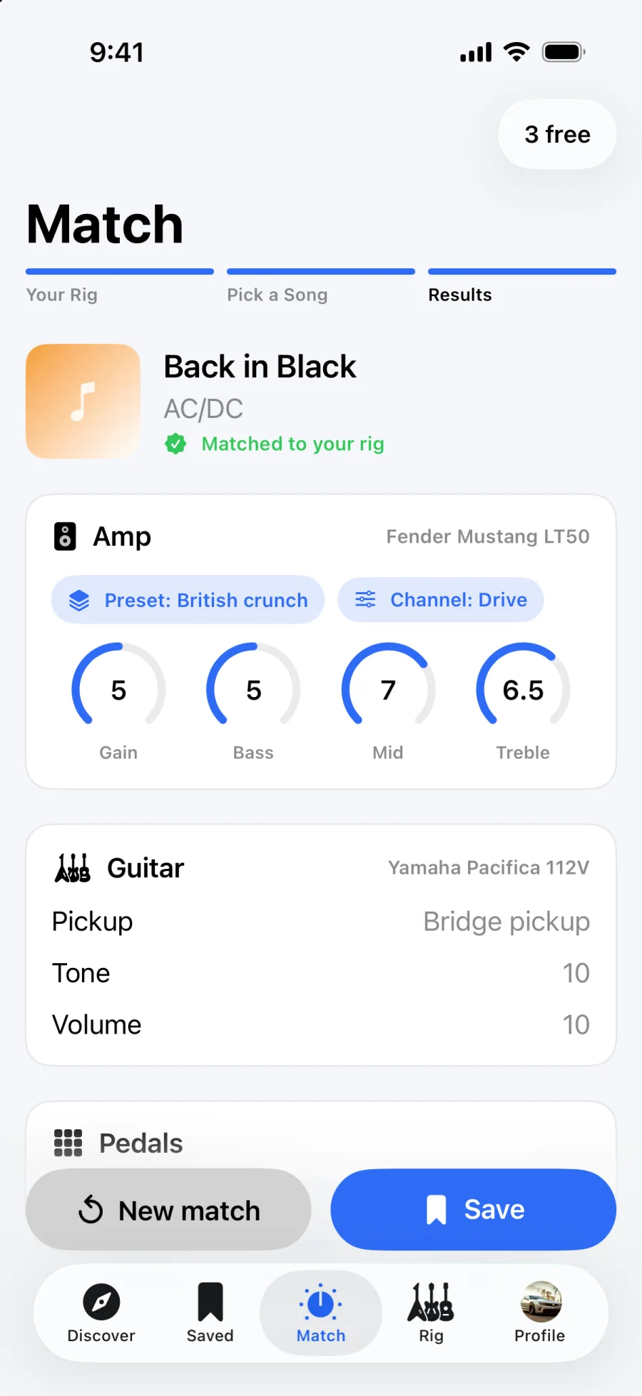 RigMatch results with amp gain, bass, mid and treble settings