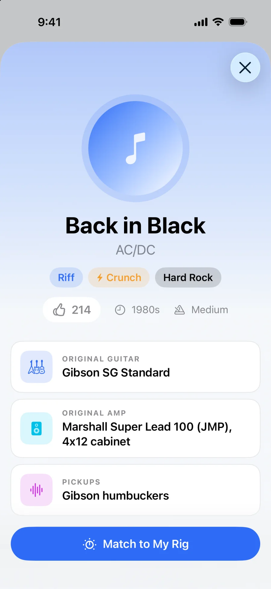 Back in Black song detail with the original rig